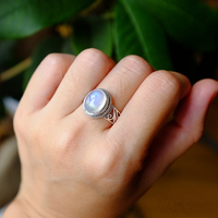 S925纯银饰品 尼泊尔手工 泰银女款月光石复古戒指指环 礼物