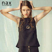 nax2016夏季新款黑色修身套头无袖开叉圆环镂空背心女短款上衣