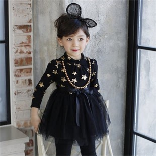 2015韩国童装女童加绒连衣裙冬装新网纱星星儿童保暖加厚公主裙