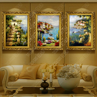 雅饰欧式手绘风景油画别墅客厅装饰画沙发背景墙挂画有框画三联画