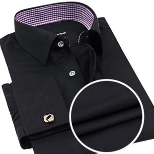 长袖法式衬衫男士黑色韩版修身免烫夏季薄款纯色商务衬衣潮2015