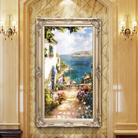 欧式手绘油画定制地中海风景别墅客厅挂画过道壁画玄关竖版装饰画