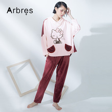 Arbres+家居服春秋款薄款珊瑚绒卡通图案宽松连帽睡衣女套装特价