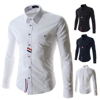 热卖衬衫2015新款时尚三色织带装饰男款衬衫韩版纯色长袖衬衫9150