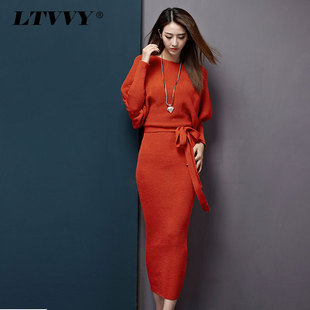 LTVVY2015秋冬女装韩版时尚蝙蝠袖毛衣连衣裙修身显瘦长裙打底裙