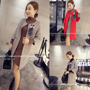 韩版时尚性感夜店女装2015秋装新款中长款呢料大衣挂件七分袖外套
