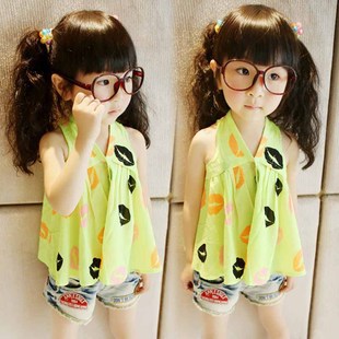 2015夏装韩版女童新款荧光唇印雪纺娃娃衬衫中小童背心开衫超宝宝