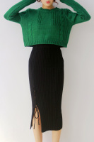 2014秋冬款欧美高腰加厚开叉绑带包臀半身裙 系带针织毛线长裙