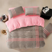 包邮 纯色珊瑚绒四件套 素色双拼法莱绒被套 法兰绒加厚保暖床品