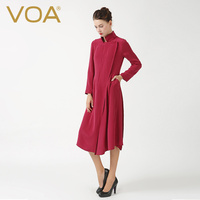 VOA红色重磅真丝大衣女式修身显瘦立领桑蚕丝长外套新S6381
