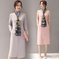 秋装新款韩版圆领针织衫修身显瘦女装中长款套头打底衫长袖连衣裙