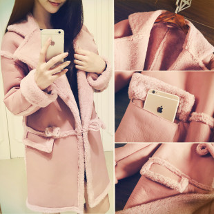 购15茧型韩版粉色双面穿羊羔毛外套女中长款麂皮绒大衣加厚棉衣