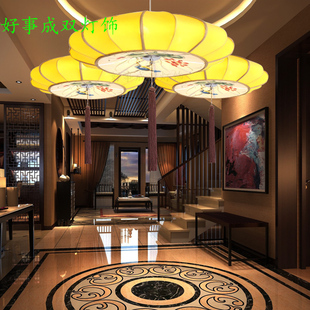新中式布艺手绘荷花吊灯 古典茶楼餐厅阳台楼梯过道创意南瓜灯笼