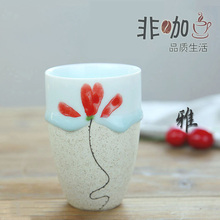 带花的流釉陶瓷咖啡杯马克杯带盖勺古典手绘文艺复古风田园水杯子