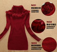 2015韩版冬季新款中长款蕾丝高领真兔毛套头长袖打底衫针织衫女装