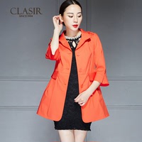 风衣女2016秋新款韩版修身显瘦纯色大码红色中长款女士外套潮