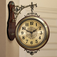 美式实木金属双面挂钟静音欧式客厅两面挂表创意墙钟石英钟表大号
