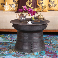 泰域 泰国手工纯铜客厅茶几 复古圆形金属做旧茶台东南亚风格家具