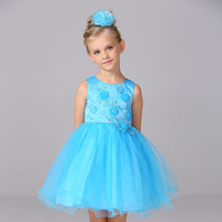 新款童装连衣裙夏季蓬蓬礼服裙女童蓝色公主裙儿童演出表演服