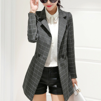 2016春夏新款韩版修身格子小西装女 中长款一粒扣长袖OL休闲外套