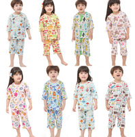 夏季韩国进口儿童内衣套装纯棉七分袖家居服套装空调服不含荧光剂