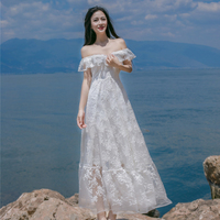 夏季一字领露背白色长裙气质甜美大摆蕾丝刺绣连衣裙海边度假仙女