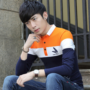 秋季男士长袖翻领T恤韩版纯棉拼接体恤青少年流行休闲有领Polo衫