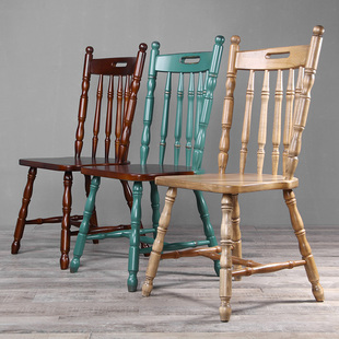 美式乡村实木餐椅靠背椅复古做旧实木咖啡店简约竹节椅子温莎椅
