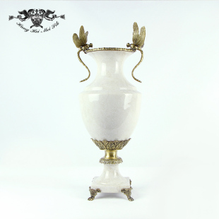 美式特色陶瓷配铜创意蜻蜓花瓶摆件出口家居软装饰品客厅摆设瓷器