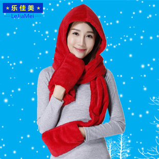 冬季韩版女士帽子毛绒围巾手套三件套装一体学生保暖围脖连体帽子