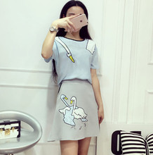 2016夏季韩国东大门女刺绣天鹅印花短袖上衣高腰半身裙套装