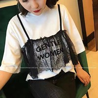 现货韩国进口正品2017春季SHORTHILL蕾丝吊带英文字母假两件套T恤