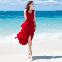 2017夏季新款正红色中长款修身连衣裙开叉露背海边旅游度假沙滩裙