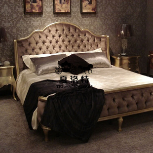 美式乡村实木床 简欧雕花双人床 新古典香槟色1.8米床 欧式软包床