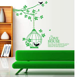 墙壁装饰贴画温馨卧室床头背景墙纸客厅清新绿叶鸟笼可移除环保