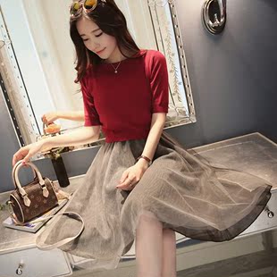 2016夏新款韩版短袖两件套连衣裙套装裙时尚针织衫中长款网纱裙女