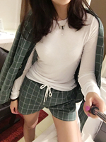【和田家】2016秋装新款女装韩国进口方格松紧休闲短裤绿色
