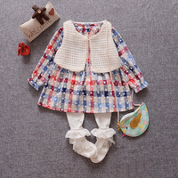 女童装韩版秋季女宝宝长袖两件套装针织马甲+格子裙子0-1-2-3岁半