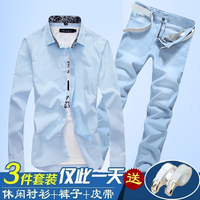 秋冬季韩版男式装长袖牛仔衬衫长裤子套装休闲潮流寸衫衬衣服外套