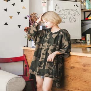 韩国ulzzang迷彩宽松T恤 女连帽中长款蝙蝠衫初秋新款套头卫衣