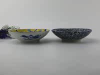 日本进口美浓烧釉下彩黄彩小纹日式和风餐具深盘陶瓷盘子浅钵碗
