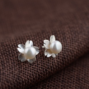 韩版小清新气质 花朵珍珠耳环耳钉S990纯银泰银耳饰 时尚简单
