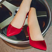 2016秋夏季新款红色婚鞋尖头女鞋细跟高跟鞋浅口软面女士中跟皮鞋