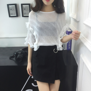 2016新款夏秋季针织韩版时尚蝙蝠袖收腰圆领短袖宽松显瘦上衣女潮