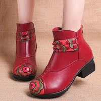 民族风女靴子真皮短靴女粗跟妈妈鞋秋冬季女鞋中老年中跟女靴单靴