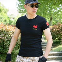 夏季户外军迷短袖圆领纯棉紧身弹力T恤中国刺绣地图T恤吸汗透气男