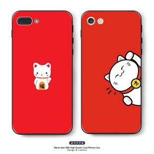 招财猫咪苹果iphone7plus手机壳6s红色保护TPU软壳硅胶透明5S硬壳