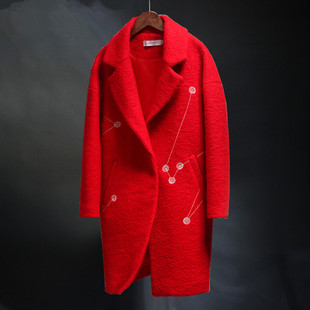 毛呢外套冬装绣花新款中长宽松红色呢大衣白色茧型羊毛呢子大衣女