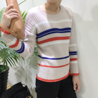 XHM实拍 韩国chic风复古撞色简约条纹针织衫女秋季彩条套头毛衣