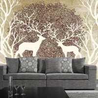 无缝3D立体大型壁画 电视沙发卧室背景墙墙纸壁纸田园森林麋鹿
